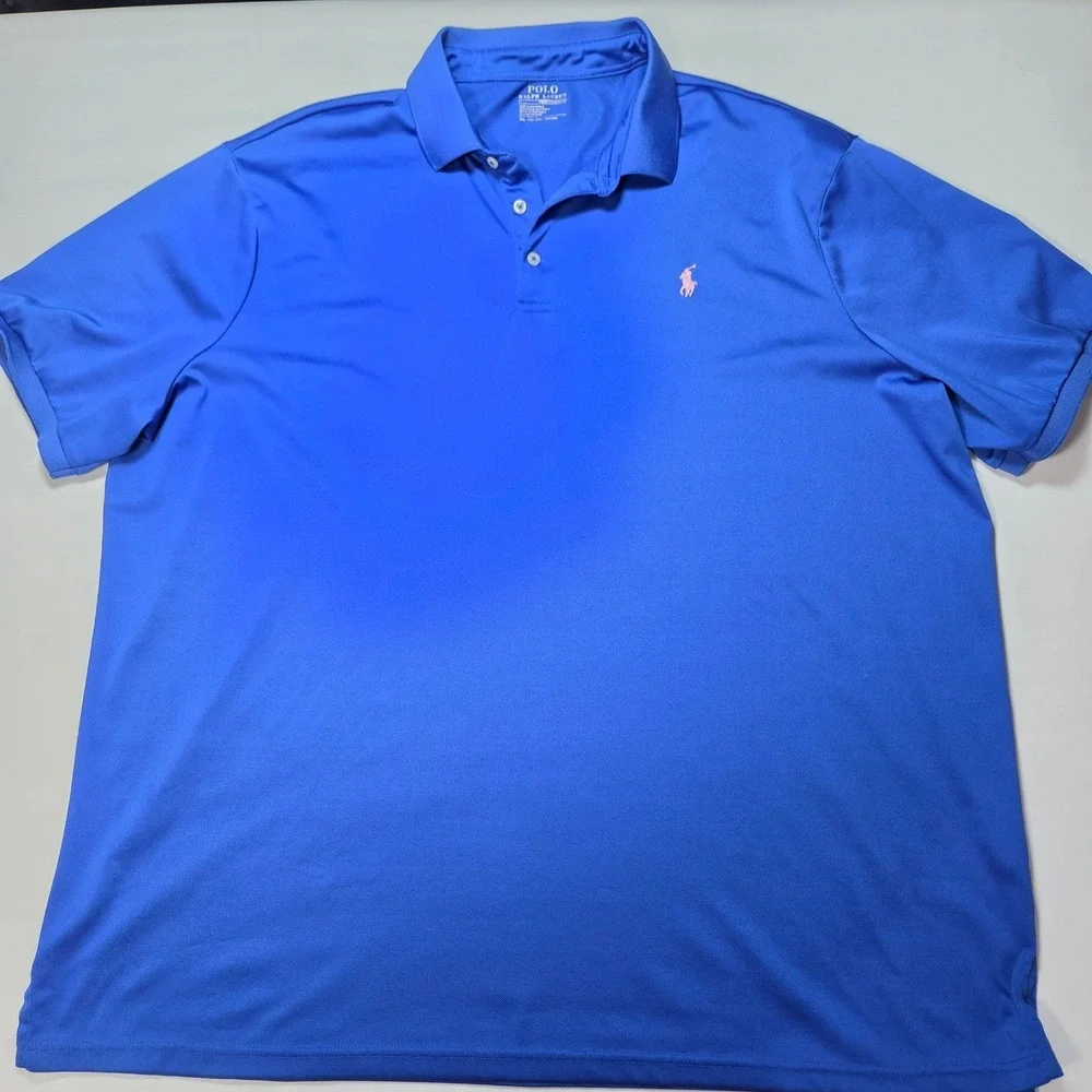 Polo Ralph Lauren Performance Mens XXL Blue Pink Pony Short Sleeve Polo Shirt